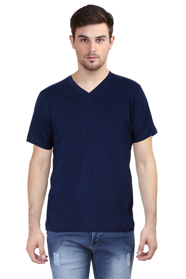 Plain Navy Blue Men's V-Neck Half Sleeve T-Shirt - Stylish & Comfortable