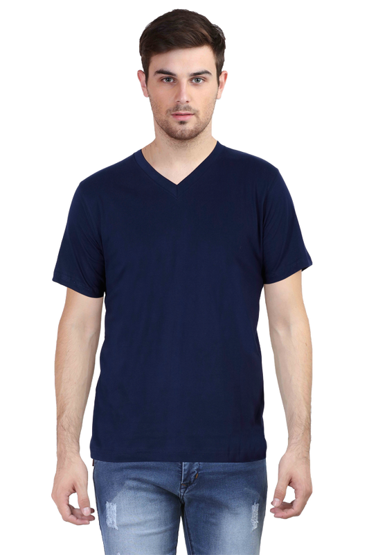 Plain Navy Blue Men's V-Neck Half Sleeve T-Shirt - Stylish & Comfortable