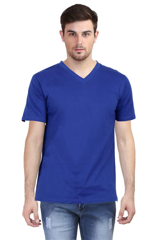 Plain Royal Blue Men's V-Neck Half Sleeve T-Shirt - Stylish & Comfortable