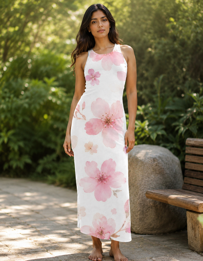 Blush Bloom Pink Watercolor Floral Bodycon Dress – Elegant Women’s Floral Dress