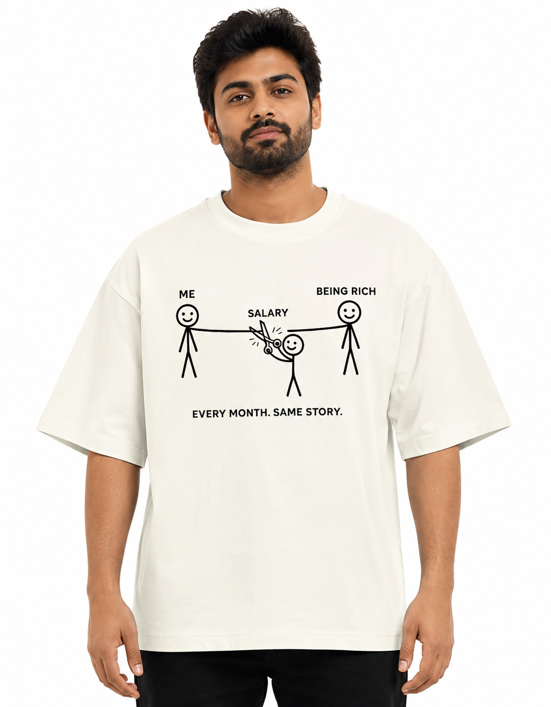 Every Month Same Story – Salary vs Being Rich Funny Stick Figure T-Shirt
