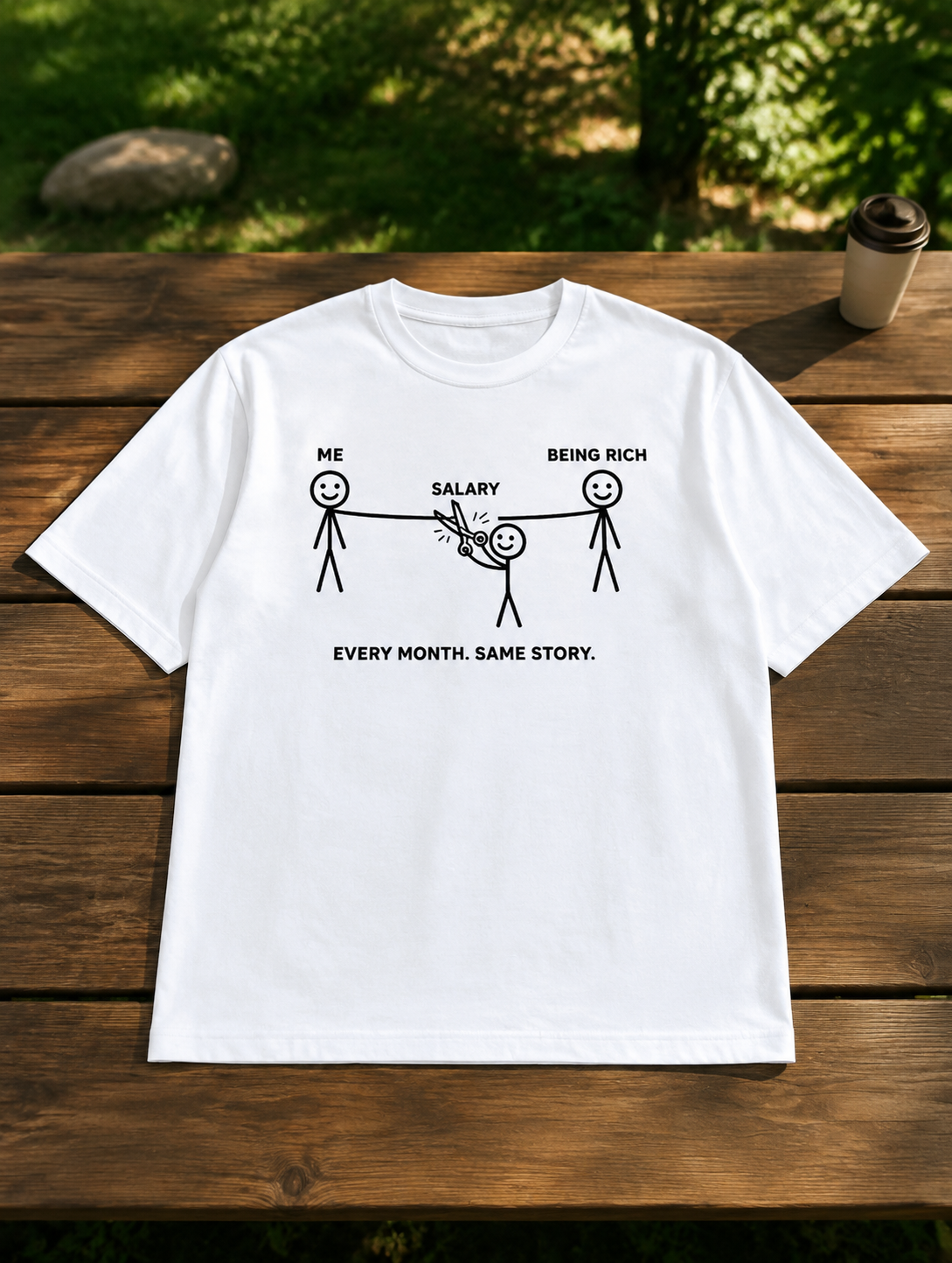 Every Month Same Story – Salary vs Being Rich Funny Stick Figure T-Shirt