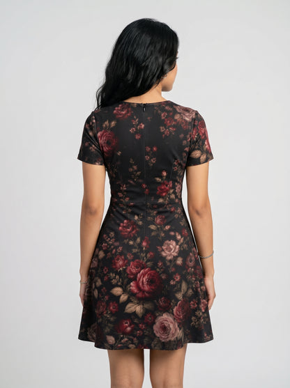 Elegant Dark Floral Seamless Pattern – Burgundy Rose Print for Women’s A-Line Dress
