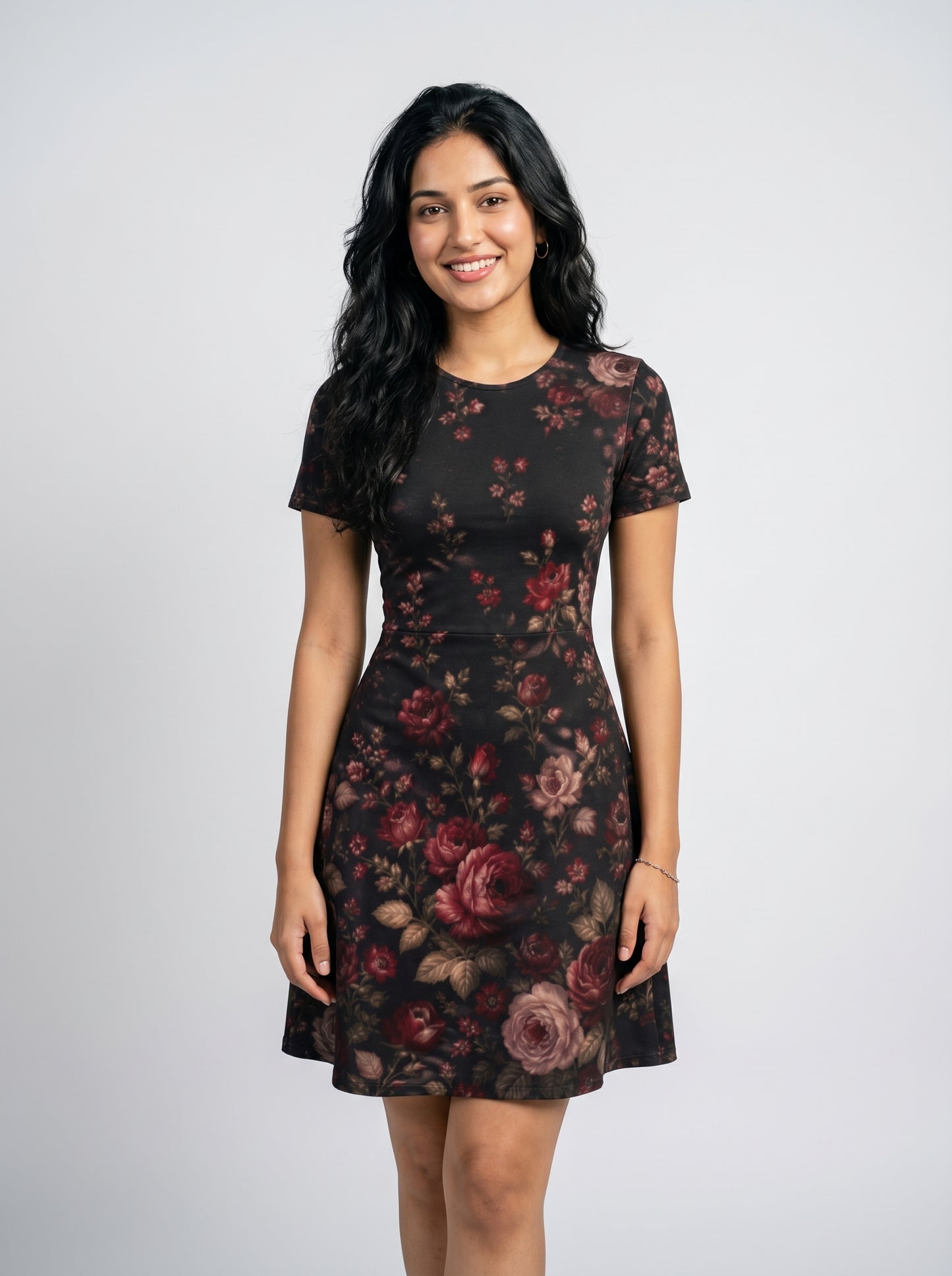Elegant Dark Floral Seamless Pattern – Burgundy Rose Print for Women’s A-Line Dress